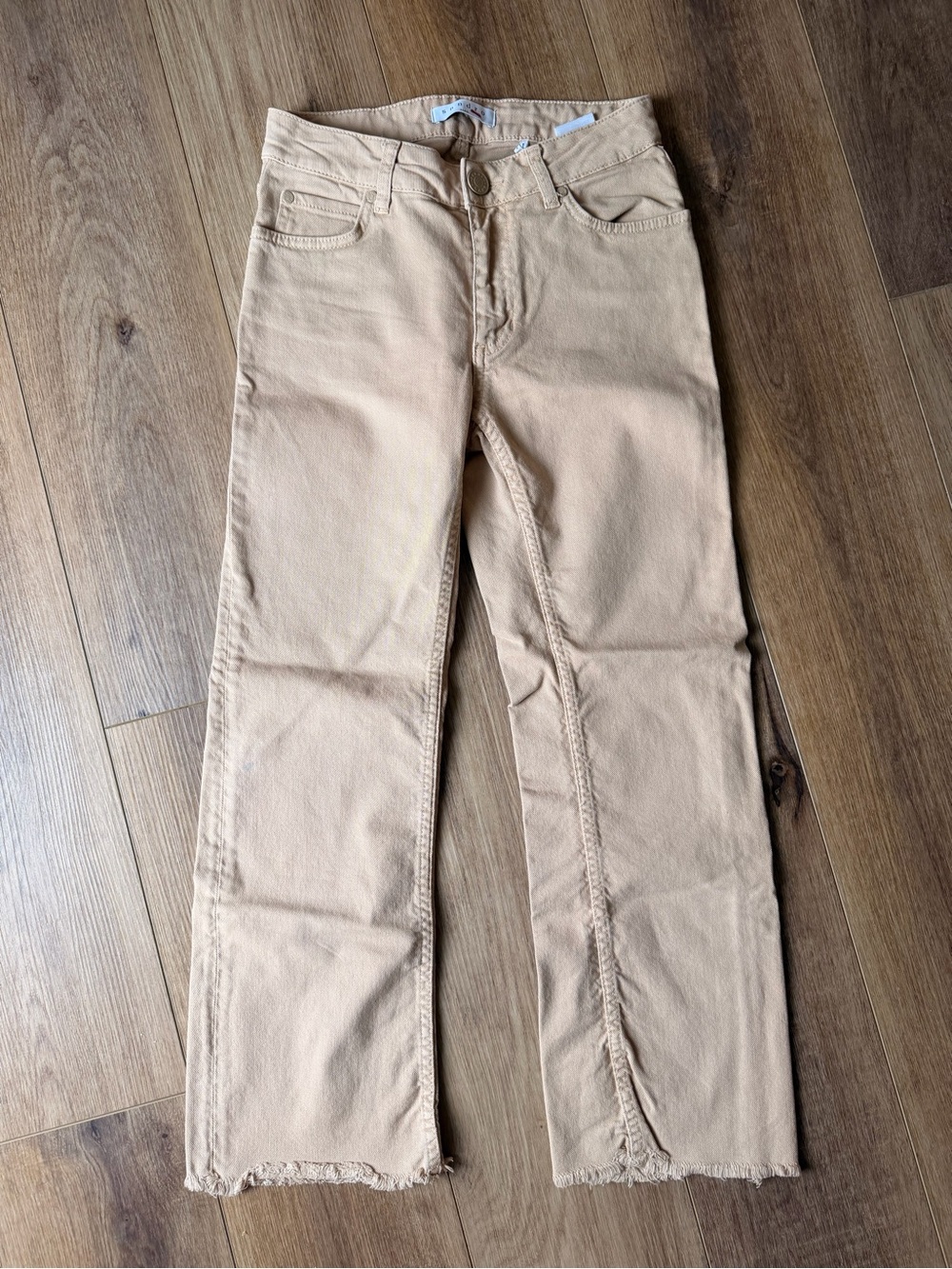 Sandro Paris High Rise Boy Jean Women Size 34 Us 2 Nude Beige Tan Denim Raw Hem